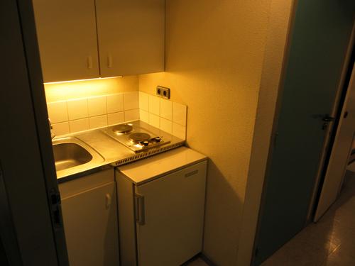 kitchenette équipée : 1 évier, 2 plaques électriques, 1 frigo et des placards de cuisine